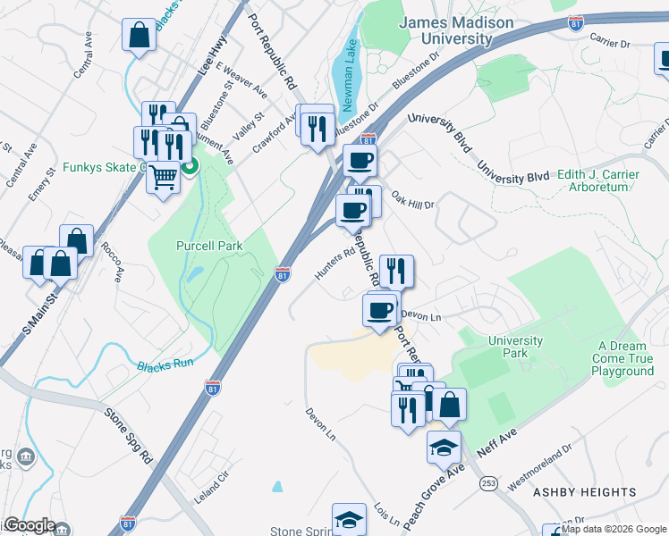 map of restaurants, bars, coffee shops, grocery stores, and more near 1350 Hunters Road in Harrisonburg