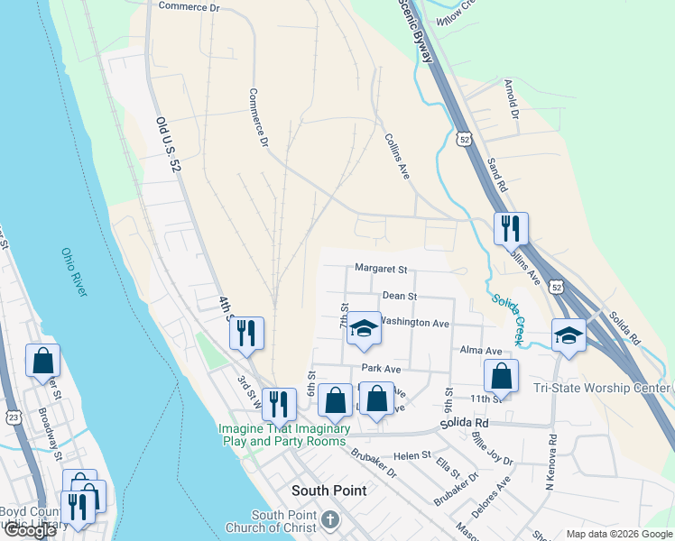 map of restaurants, bars, coffee shops, grocery stores, and more near 108 7th Street in South Point
