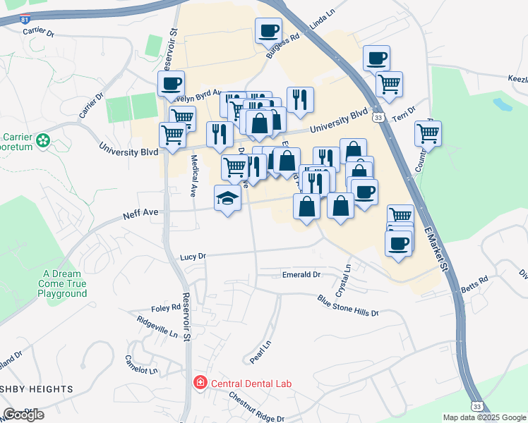 map of restaurants, bars, coffee shops, grocery stores, and more near 272 Neff Avenue in Harrisonburg