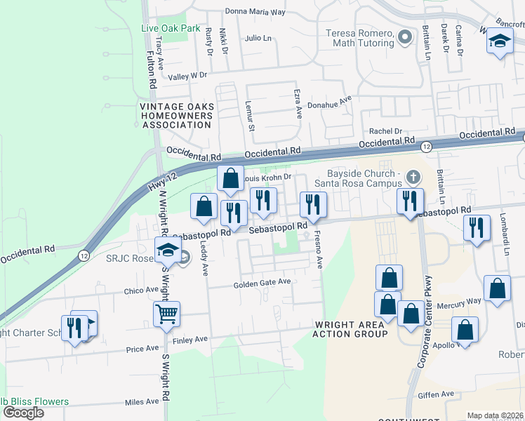 map of restaurants, bars, coffee shops, grocery stores, and more near 965 Doubles Drive in Santa Rosa