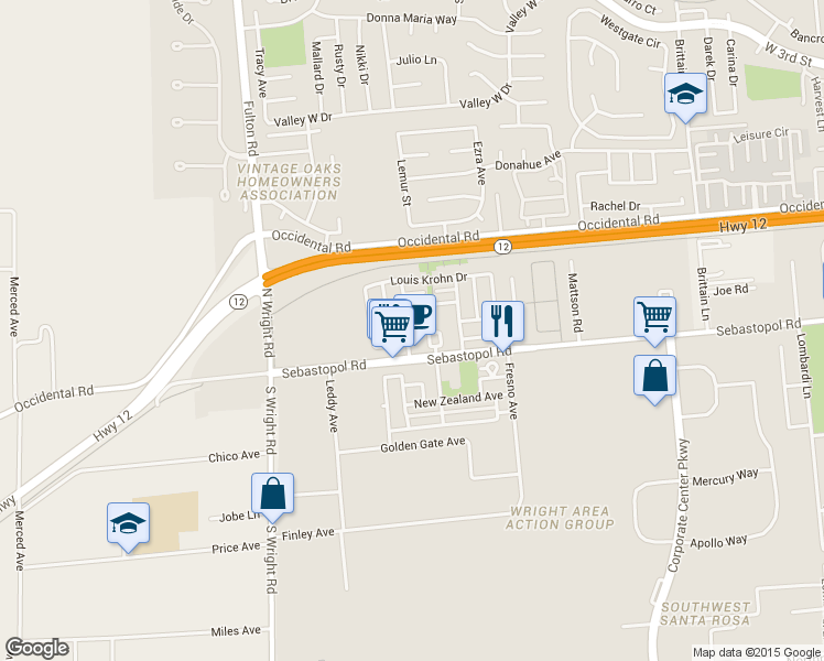 map of restaurants, bars, coffee shops, grocery stores, and more near 3851 Sebastopol Road in Santa Rosa