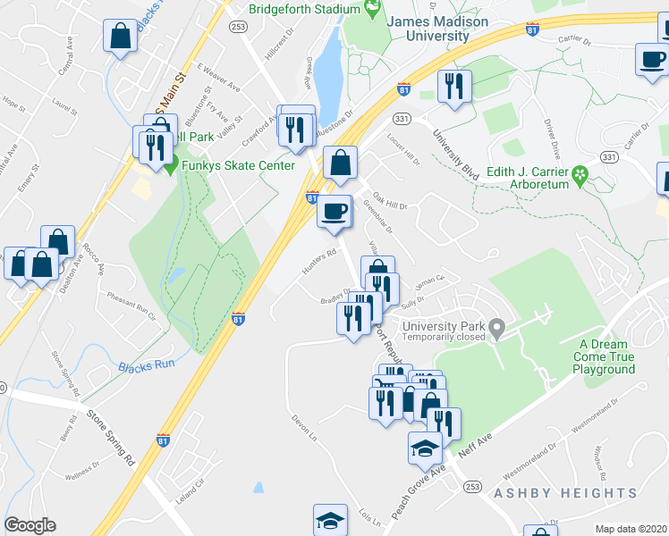 map of restaurants, bars, coffee shops, grocery stores, and more near 1339 Bradley Drive in Harrisonburg