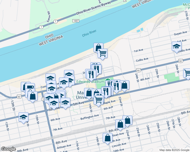 map of restaurants, bars, coffee shops, grocery stores, and more near 1955 3rd Avenue in Huntington