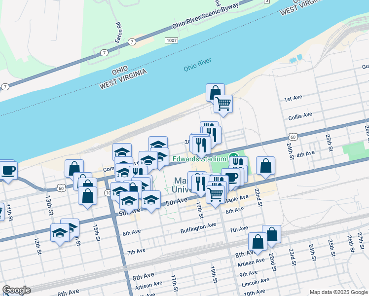 map of restaurants, bars, coffee shops, grocery stores, and more near 268 19th Street in Huntington
