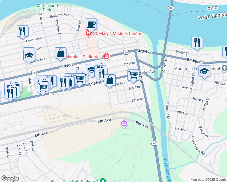 map of restaurants, bars, coffee shops, grocery stores, and more near 2912 6th Avenue in Huntington