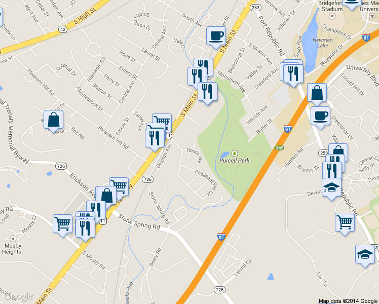map of restaurants, bars, coffee shops, grocery stores, and more near 200-B Rocco Avenue in Harrisonburg