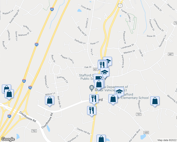 map of restaurants, bars, coffee shops, grocery stores, and more near 71 Chestnut Drive in Stafford