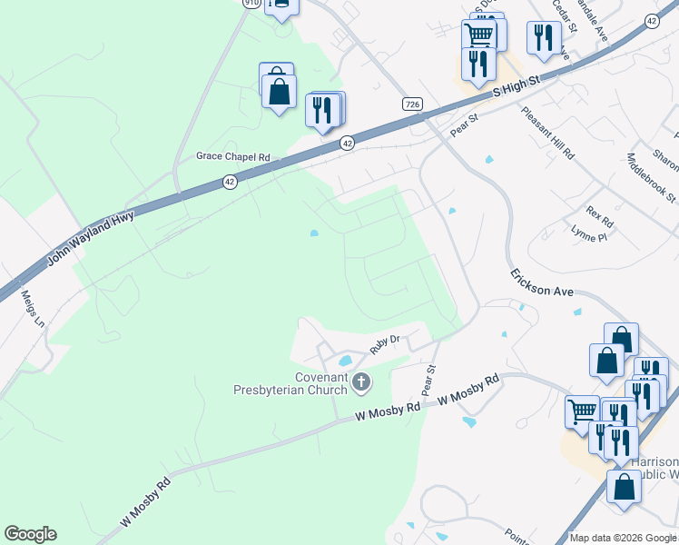 map of restaurants, bars, coffee shops, grocery stores, and more near 1022 Ruby Drive in Harrisonburg