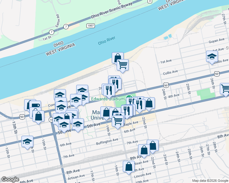 map of restaurants, bars, coffee shops, grocery stores, and more near 1955 3rd Avenue in Huntington