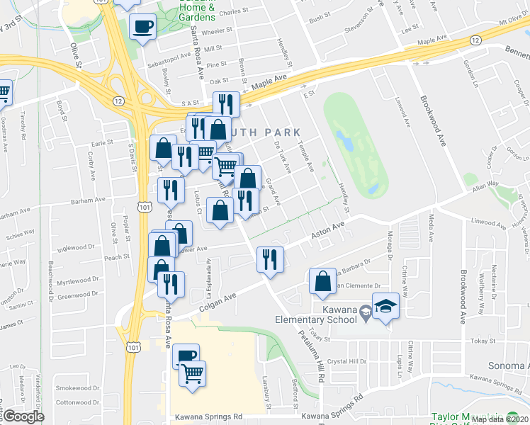 map of restaurants, bars, coffee shops, grocery stores, and more near 724 Milton Street in Santa Rosa