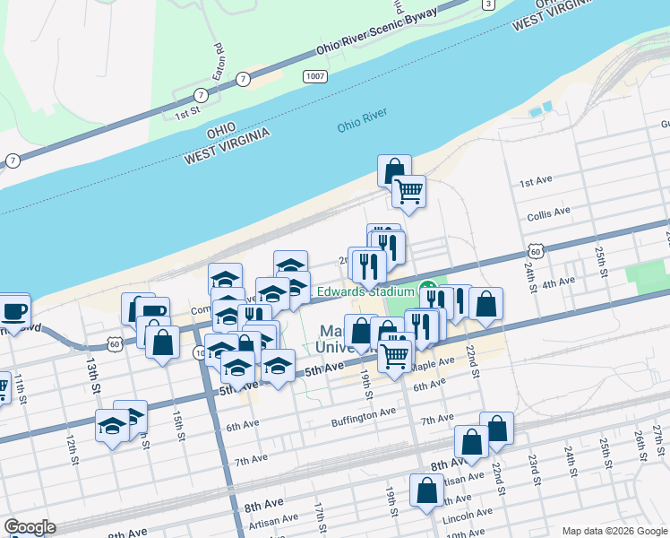 map of restaurants, bars, coffee shops, grocery stores, and more near 268 19th Street in Huntington