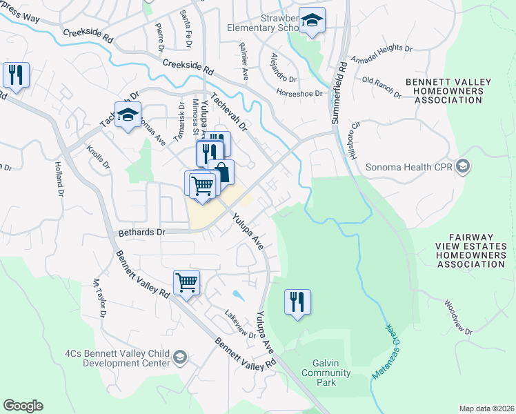 map of restaurants, bars, coffee shops, grocery stores, and more near 2307 Maher Drive in Santa Rosa