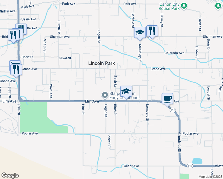 map of restaurants, bars, coffee shops, grocery stores, and more near 1345 Elm Ave in Cañon City