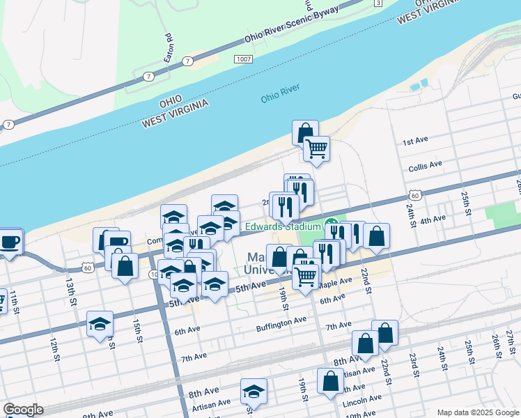 map of restaurants, bars, coffee shops, grocery stores, and more near 268 19th Street in Huntington