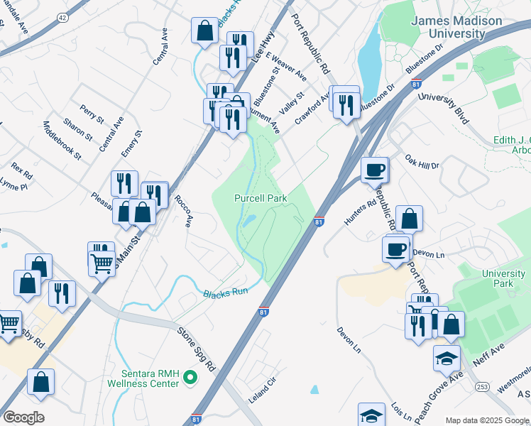map of restaurants, bars, coffee shops, grocery stores, and more near 1545 Hillside Avenue in Harrisonburg