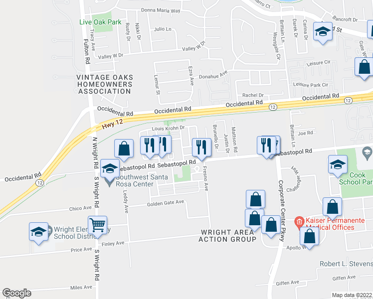 map of restaurants, bars, coffee shops, grocery stores, and more near 3876 Hogan Avenue in Santa Rosa