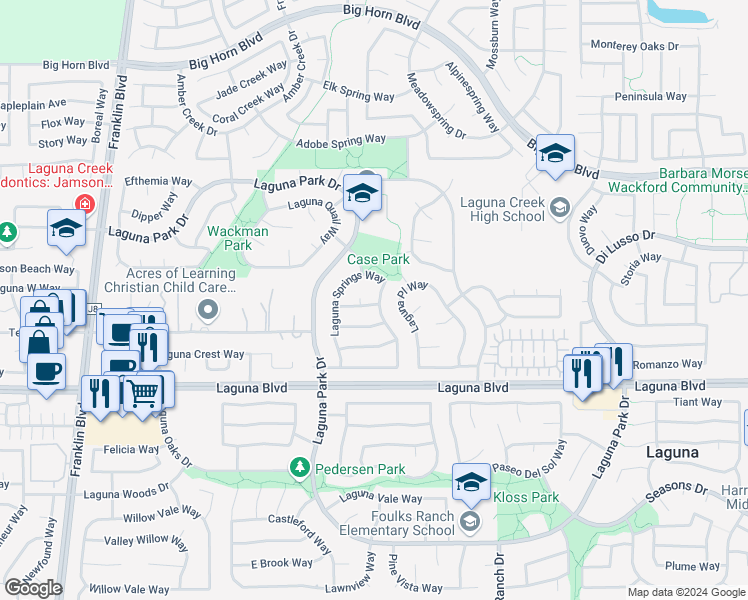 map of restaurants, bars, coffee shops, grocery stores, and more near 5835 Laguna Breeze Way in Elk Grove