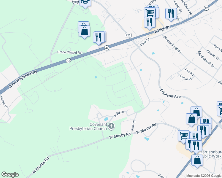map of restaurants, bars, coffee shops, grocery stores, and more near 782 Ruby Drive in Harrisonburg