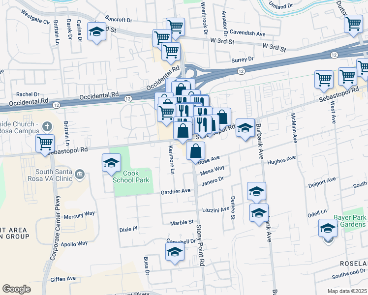 map of restaurants, bars, coffee shops, grocery stores, and more near 2000 Sebastopol Road in Santa Rosa
