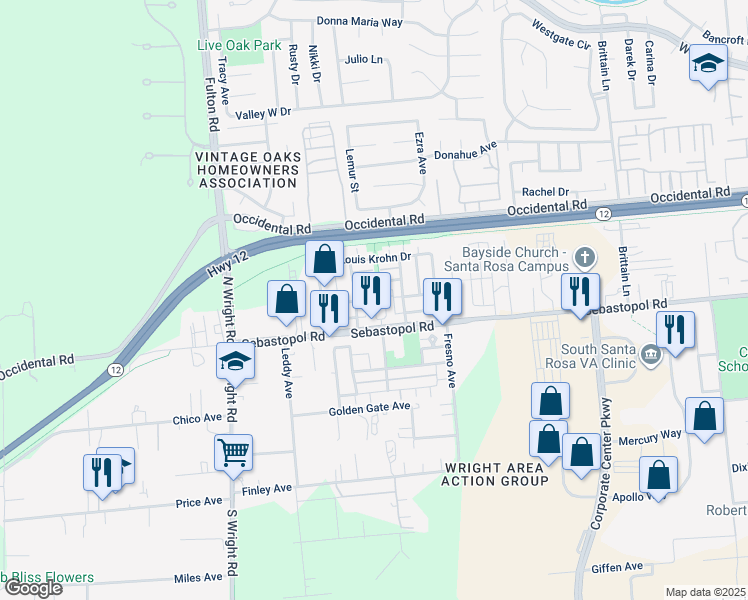 map of restaurants, bars, coffee shops, grocery stores, and more near 905 Doubles Drive in Santa Rosa