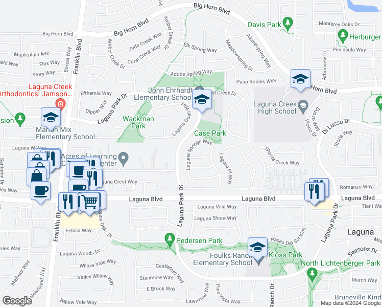 map of restaurants, bars, coffee shops, grocery stores, and more near 9022 Laguna Springs Way in Elk Grove