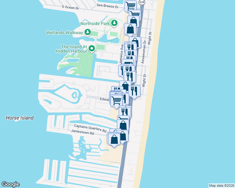 map of restaurants, bars, coffee shops, grocery stores, and more near 126 Georgia Avenue in Ocean City
