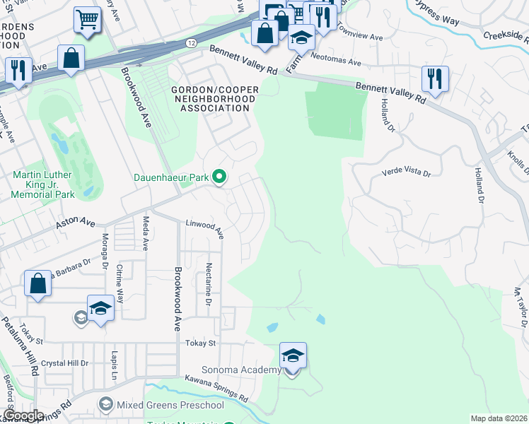 map of restaurants, bars, coffee shops, grocery stores, and more near 1821 Woodsage Way in Santa Rosa