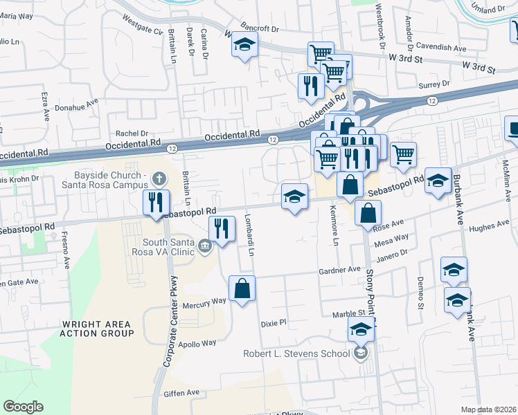 map of restaurants, bars, coffee shops, grocery stores, and more near 2585 Sebastopol Rd in Santa Rosa