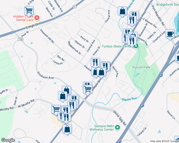 map of restaurants, bars, coffee shops, grocery stores, and more near 22 Emery St in Harrisonburg