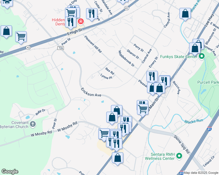 map of restaurants, bars, coffee shops, grocery stores, and more near 1910 Lynne Place in Harrisonburg