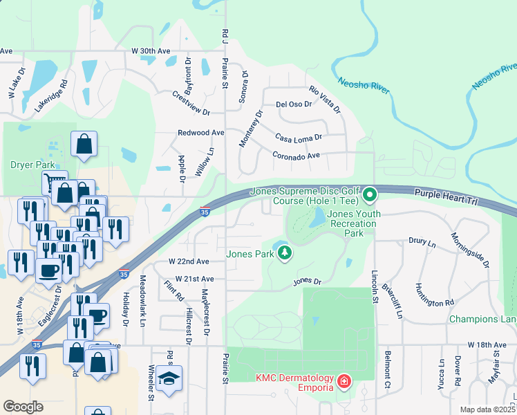 map of restaurants, bars, coffee shops, grocery stores, and more near Interstate 35 in Emporia