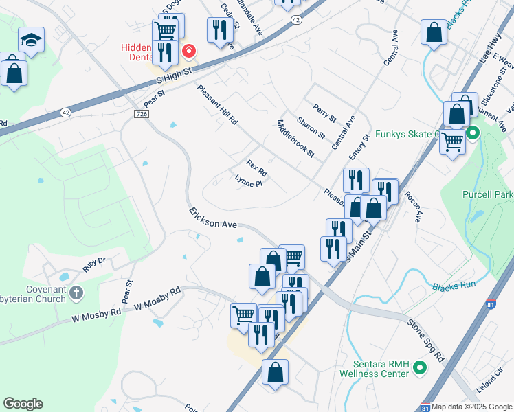 map of restaurants, bars, coffee shops, grocery stores, and more near 1910 Lynne Place in Harrisonburg