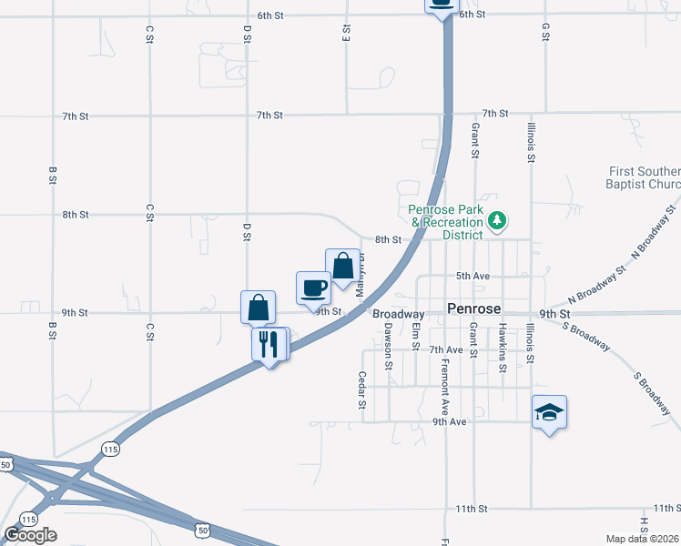 map of restaurants, bars, coffee shops, grocery stores, and more near 520 8th Street in Penrose