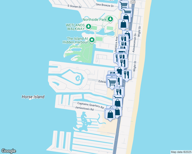 map of restaurants, bars, coffee shops, grocery stores, and more near 108 120th Street in Ocean City