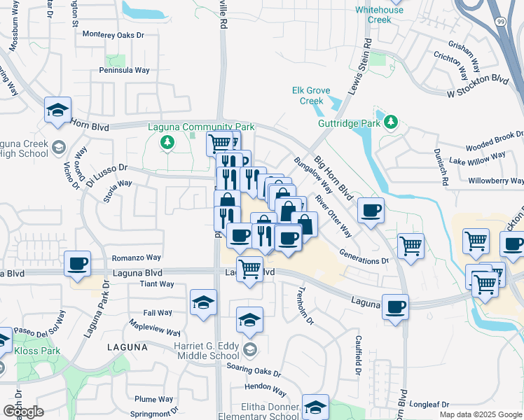 map of restaurants, bars, coffee shops, grocery stores, and more near 7505 Laguna Boulevard in Elk Grove
