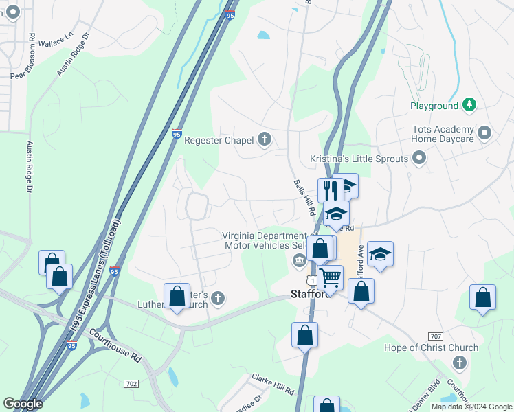 map of restaurants, bars, coffee shops, grocery stores, and more near 18 Oak Drive in Stafford