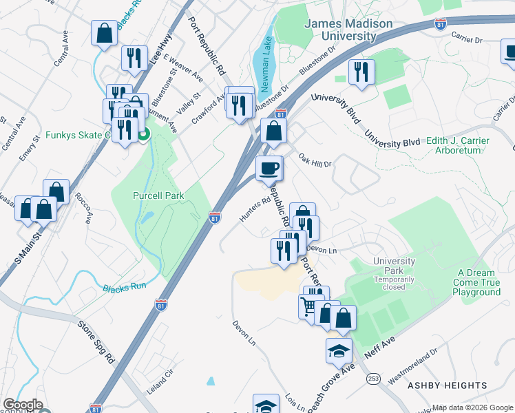 map of restaurants, bars, coffee shops, grocery stores, and more near 1340 Hunters Rd in Harrisonburg