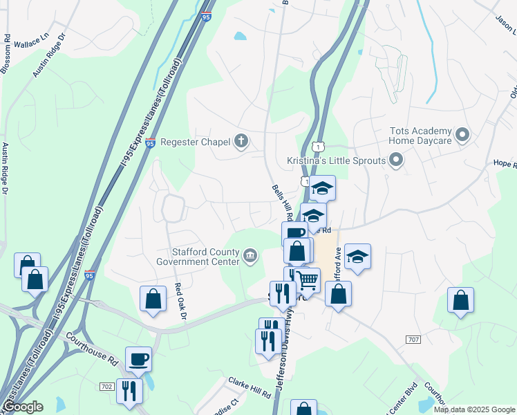 map of restaurants, bars, coffee shops, grocery stores, and more near 61 Oak Drive in Stafford