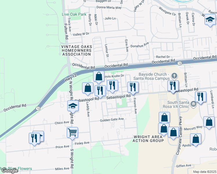 map of restaurants, bars, coffee shops, grocery stores, and more near 104 Campoy Street in Santa Rosa