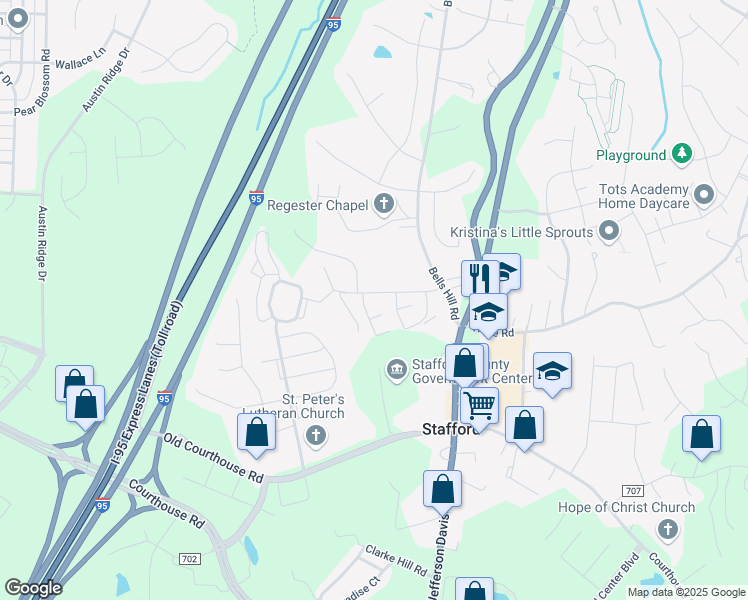 map of restaurants, bars, coffee shops, grocery stores, and more near 19 Oak Drive in Stafford