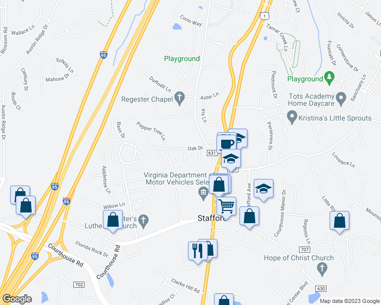 map of restaurants, bars, coffee shops, grocery stores, and more near 61 Oak Drive in Stafford