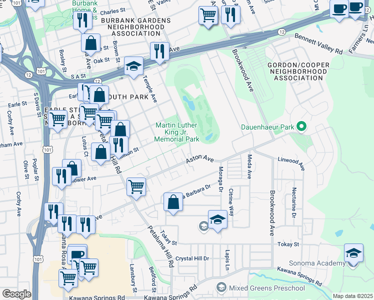 map of restaurants, bars, coffee shops, grocery stores, and more near 1403 Hendley Street in Santa Rosa