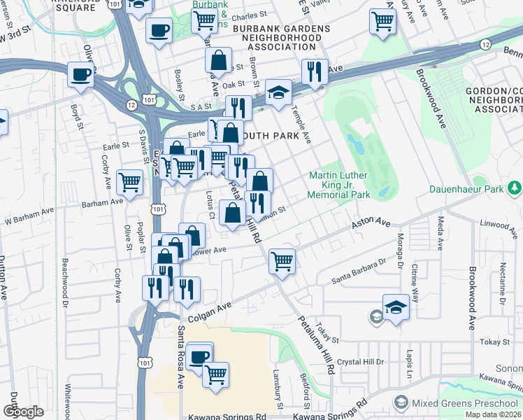 map of restaurants, bars, coffee shops, grocery stores, and more near 624 Frazier Avenue in Santa Rosa