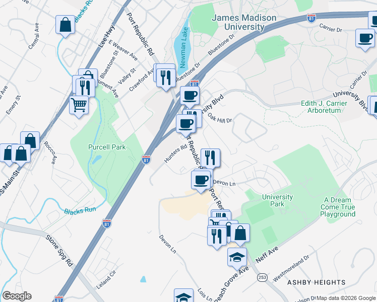 map of restaurants, bars, coffee shops, grocery stores, and more near 715 Port Republic Road in Harrisonburg