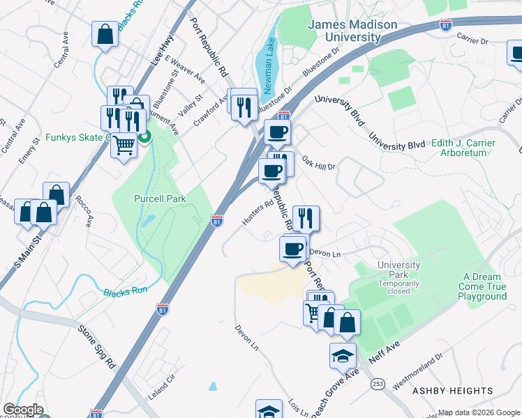 map of restaurants, bars, coffee shops, grocery stores, and more near 1340 Hunters Rd in Harrisonburg