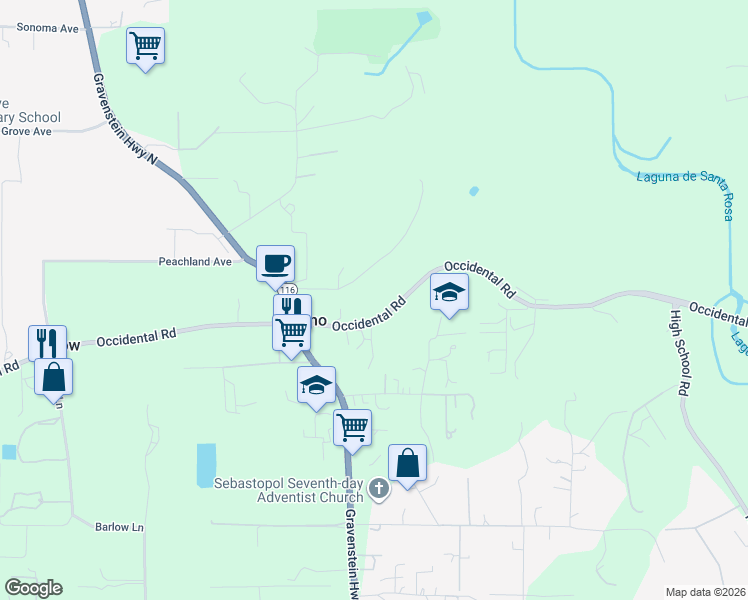 map of restaurants, bars, coffee shops, grocery stores, and more near 7847 Barcaglia Road in Sebastopol