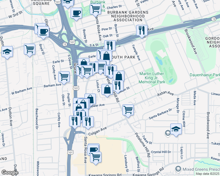 map of restaurants, bars, coffee shops, grocery stores, and more near 555 Petaluma Hill Road in Santa Rosa