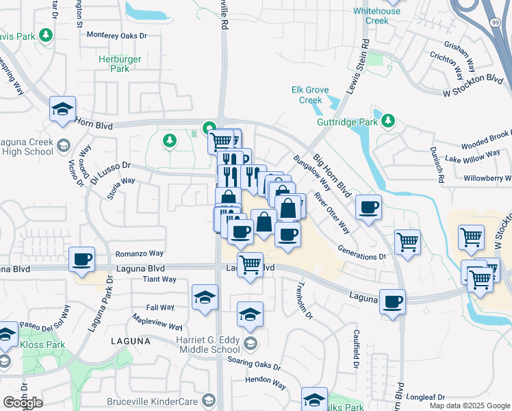 map of restaurants, bars, coffee shops, grocery stores, and more near 7505 Laguna Boulevard in Elk Grove