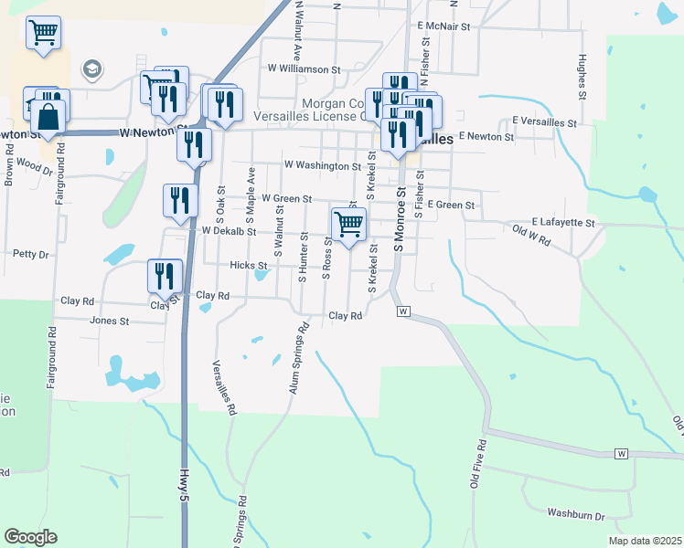 map of restaurants, bars, coffee shops, grocery stores, and more near 407 S Ross St in Versailles