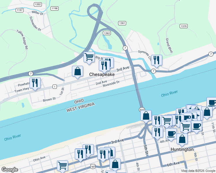 map of restaurants, bars, coffee shops, grocery stores, and more near 417 2nd Avenue in Chesapeake